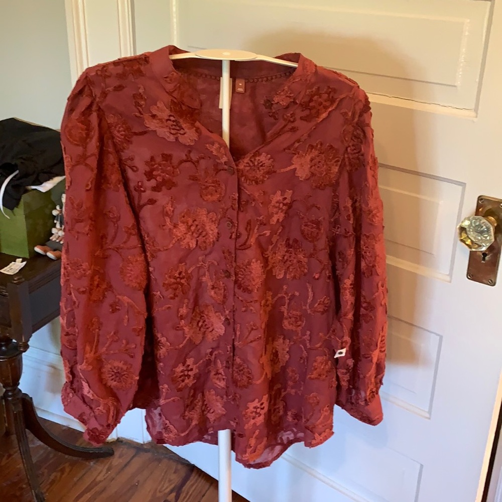 Anthropologie Pilcro and the letterpress embroidered blouse in rust. NWOT
